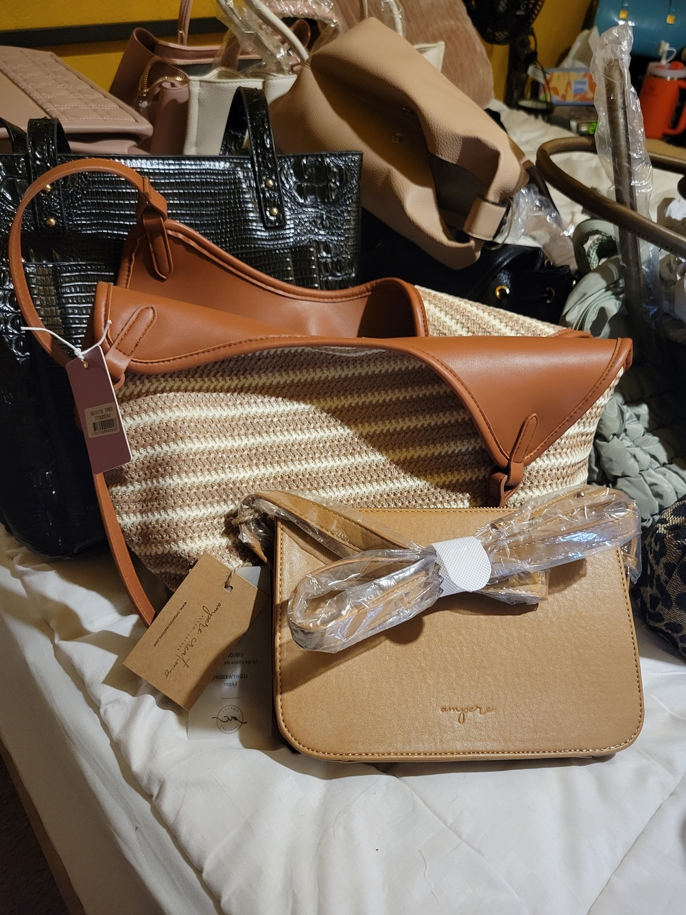 Woven Straw and Tan Vegan Leather Shoulder Bag - Unbranded